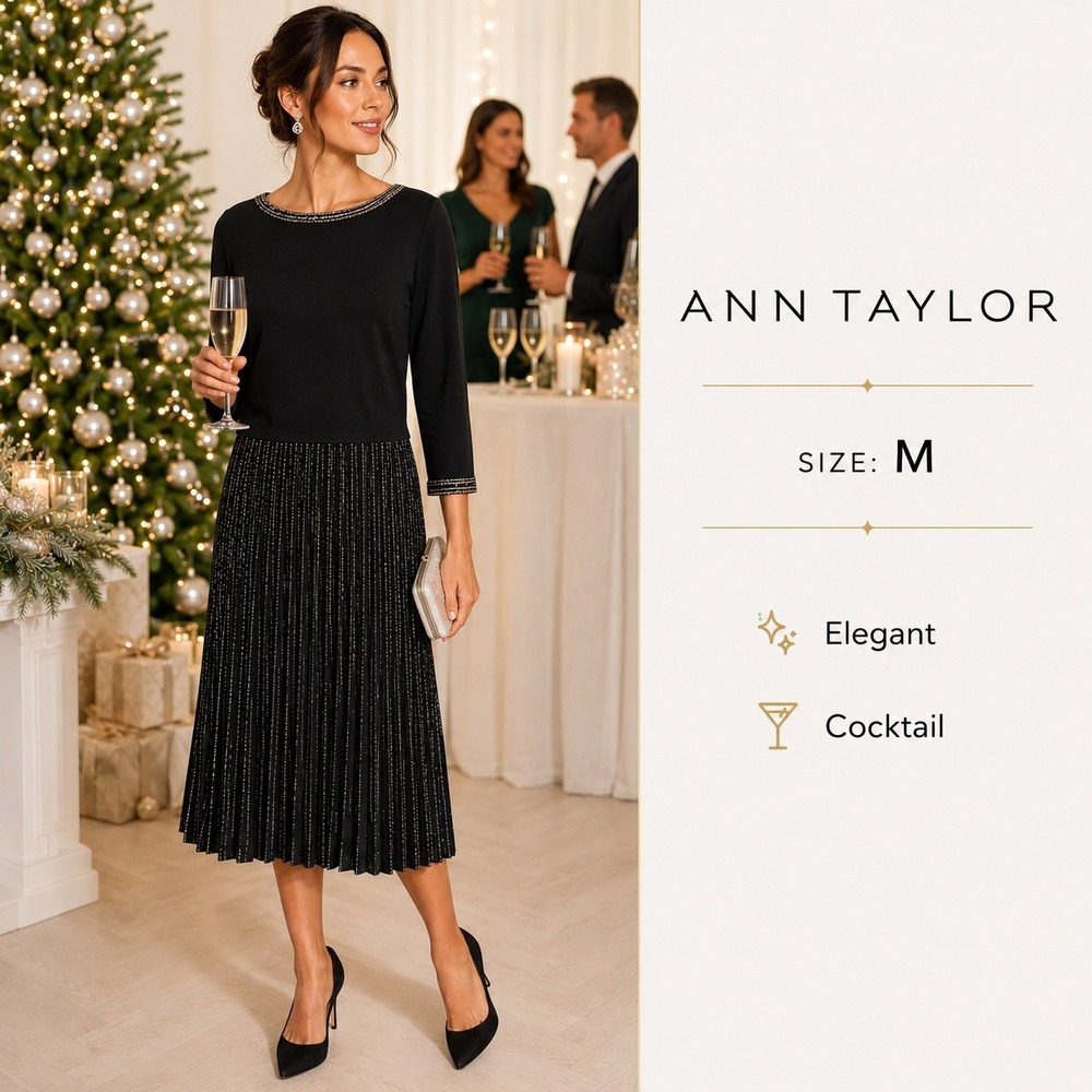 Ann Taylor Pleated Knit Dress Midi Women M Black‎ Metallic Fit Flare Elegant LBD